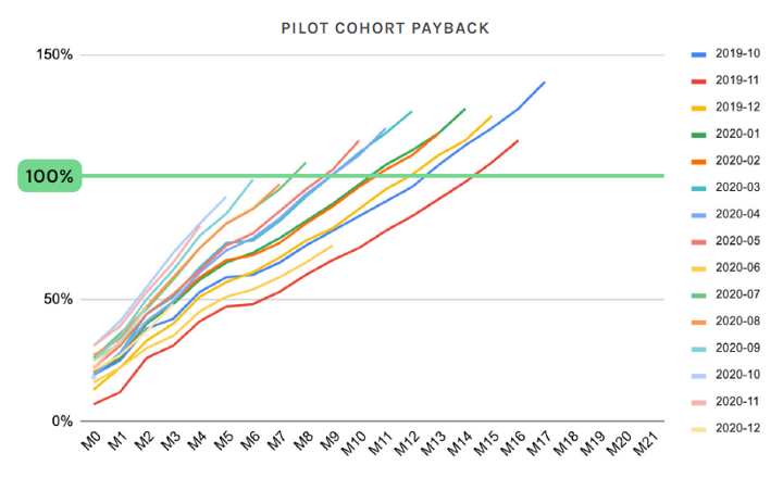 Cohort payback line chart, from Eucalyptus Pitch Deck