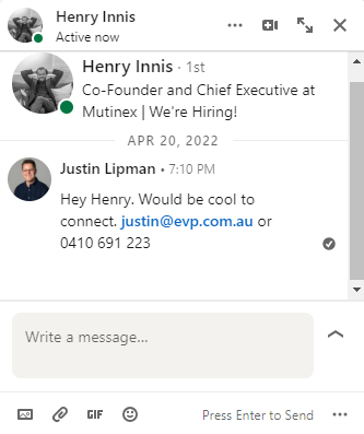 Justin Lipman&rsquo;s LinkedIn message reaching out to Henry Innis